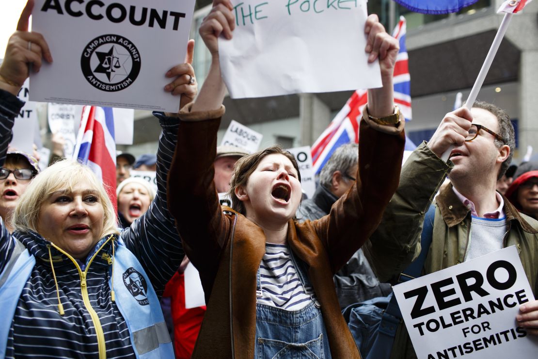 Demonstrators stage a protest against anti-Semitism in Britain's Labour Party in April.