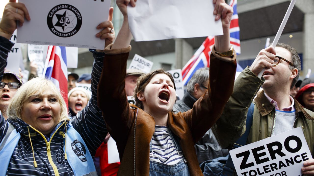 Demonstrators stage a protest against anti-Semitism in Britain's Labour Party in April.
