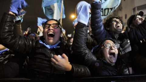 Anti-abortion demonstrators celebrate outside Congress in Buenos Aires, Argentina, early Thursday.