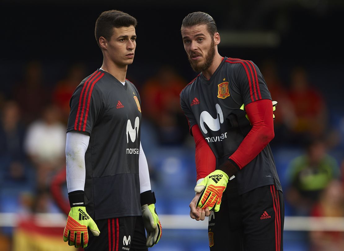 Kepa Arrizabalaga (left) and David de Gea of Spain warm up for a friendly with Switzerland in June.