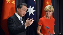 Chinese Foreign Minister Wang Yi (L) speaks during a press conference with Australian Foreign Minister Julie Bishop (R) at Parliament House in Canberra on February 7, 2017. / AFP / MARK GRAHAM        (Photo credit should read MARK GRAHAM/AFP/Getty Images)