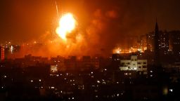 A picture taken on August 8, 2018 shows a fireball exploding during Israeli air strikes in Gaza City. (Photo by MAHMUD HAMS / AFP)        (Photo credit should read MAHMUD HAMS/AFP/Getty Images)