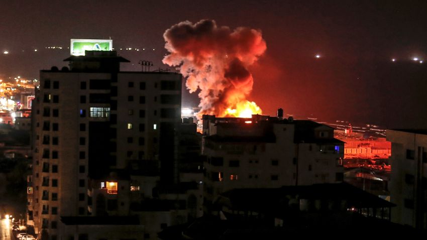 A picture taken on August 8, 2018 in Gaza City shows a smoke plume rising following an Israeli air strike. (Photo by MAHMUD HAMS / AFP)        (Photo credit should read MAHMUD HAMS/AFP/Getty Images)