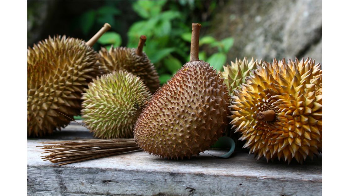 A mix of durians at Green Acres durian farm in Balik Pulau, Penang, Malaysia.