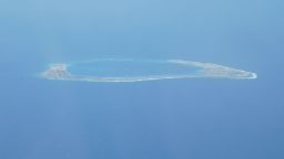 The Chinese-controlled artificial island of Subi Reef in the South China Sea, as seen by CNN from a US reconnaissance plane on August 10.
