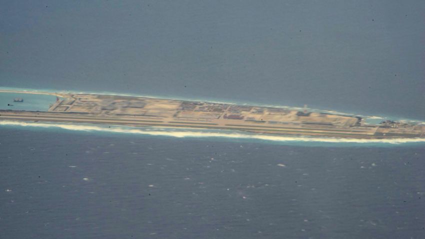 A Chinese-controlled artificial island in the Spratly Island chain is seen in the South China Sea, as viewed by CNN from a US reconnaissance plane on August 10.