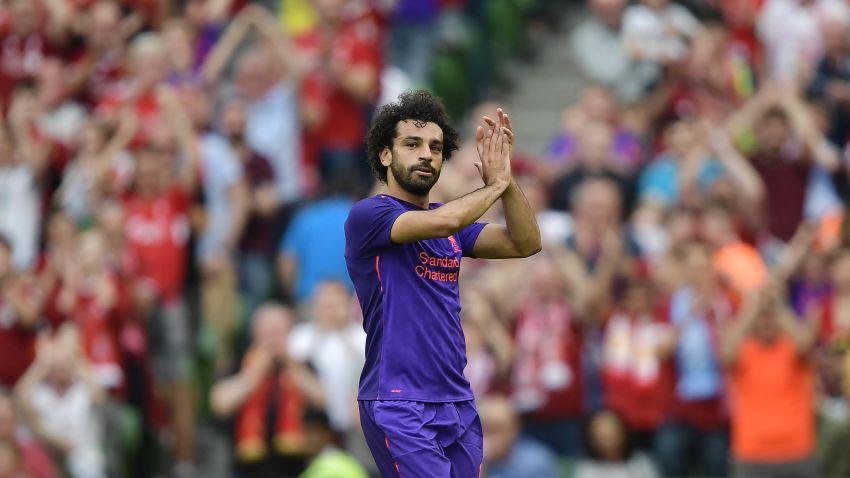 DUBLIN, IRELAND - AUGUST 04: Mohamed Salah of Liverpool applauds the supporters during the international friendly game between Liverpool and Napoli at Aviva Stadium on August 4, 2018 in Dublin, Ireland. (Photo by Charles McQuillan/Getty Images)