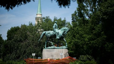 A statue of Confederate General Robert E. Lee stands at Emancipation Park August 10, 2018 near downtown Charlottesville, Virginia.