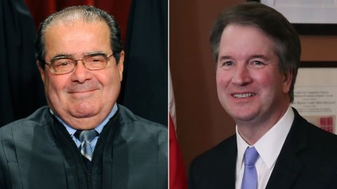 At left, the late Supreme Court Justice Antonin Scalia. At right, President Donald Trump's pick to be the next Supreme Court Justice, appeals court judge Brett Kavanaugh, who called Scalia, "an apostle of restraint and an apostle of engagement."