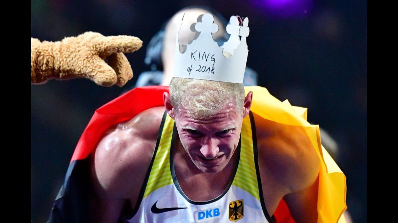 Germany's Arthur Abele gets emotional after winning the decathlon at the 24th European Athletics Championships in Berlin on Wednesday, August 8. Glasgow, Scotland was the co-host of the championships.