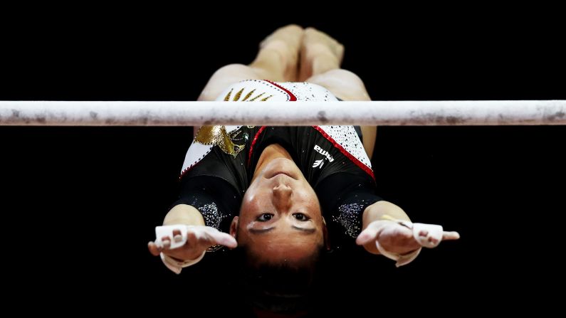 German gymnast Kim Bui competes on the uneven bars during the European Championships on Sunday, August 5.