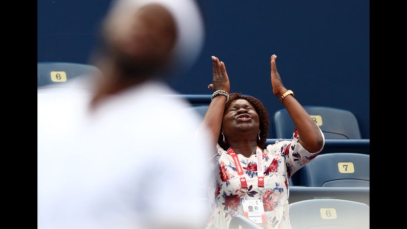 The mother of American tennis player Frances Tiafoe reacts after he missed a shot at the Rogers Cup in Toronto on Wednesday, August 8. Tiafoe went on to defeat Canadian Milos Raonic. 
