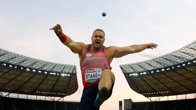 Czech athlete Tomas Stanek throws the shot put at the European Championships on Tuesday, August 7.