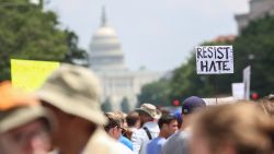 WASHINGTON, DC - AUGUST 12: Counter protesters gather at Freedom Plaza before the Unite the Right rally in Lafayette Park on August 12, 2018 in Washington, DC. Thousands of protesters are expected to demonstrate against the 'white civil rights' rally, which was planned by the organizer of last year's deadly rally in Charlottesville, Virginia.(Photo by Alex Wroblewski/Getty Images)