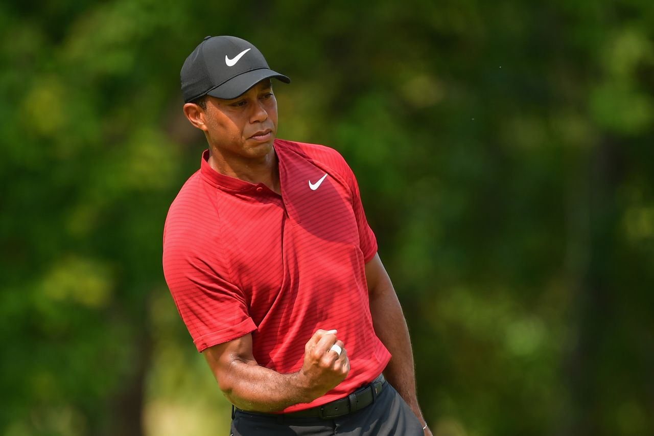 Tiger Woods birdies the ninth in his final round charge at the PGA Championship in St Louis, Missouri.