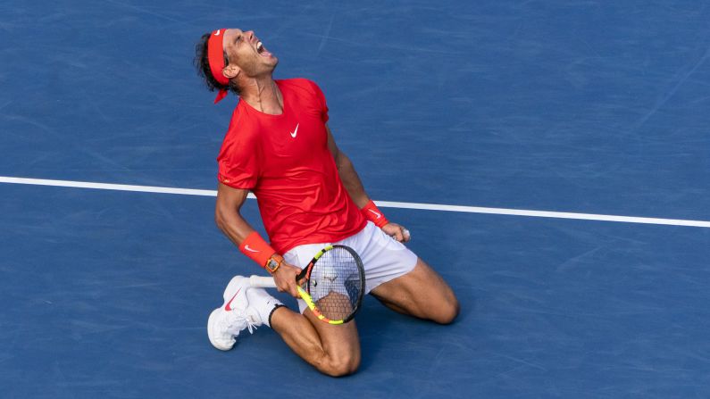 Rafael Nadal celebrates his victory over Stefanos Tsitsipas after their men's final match at the Rogers Cup on Sunday, August 12, in Toronto. 