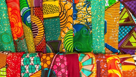 African traditional fabrics in a shop in Ghana