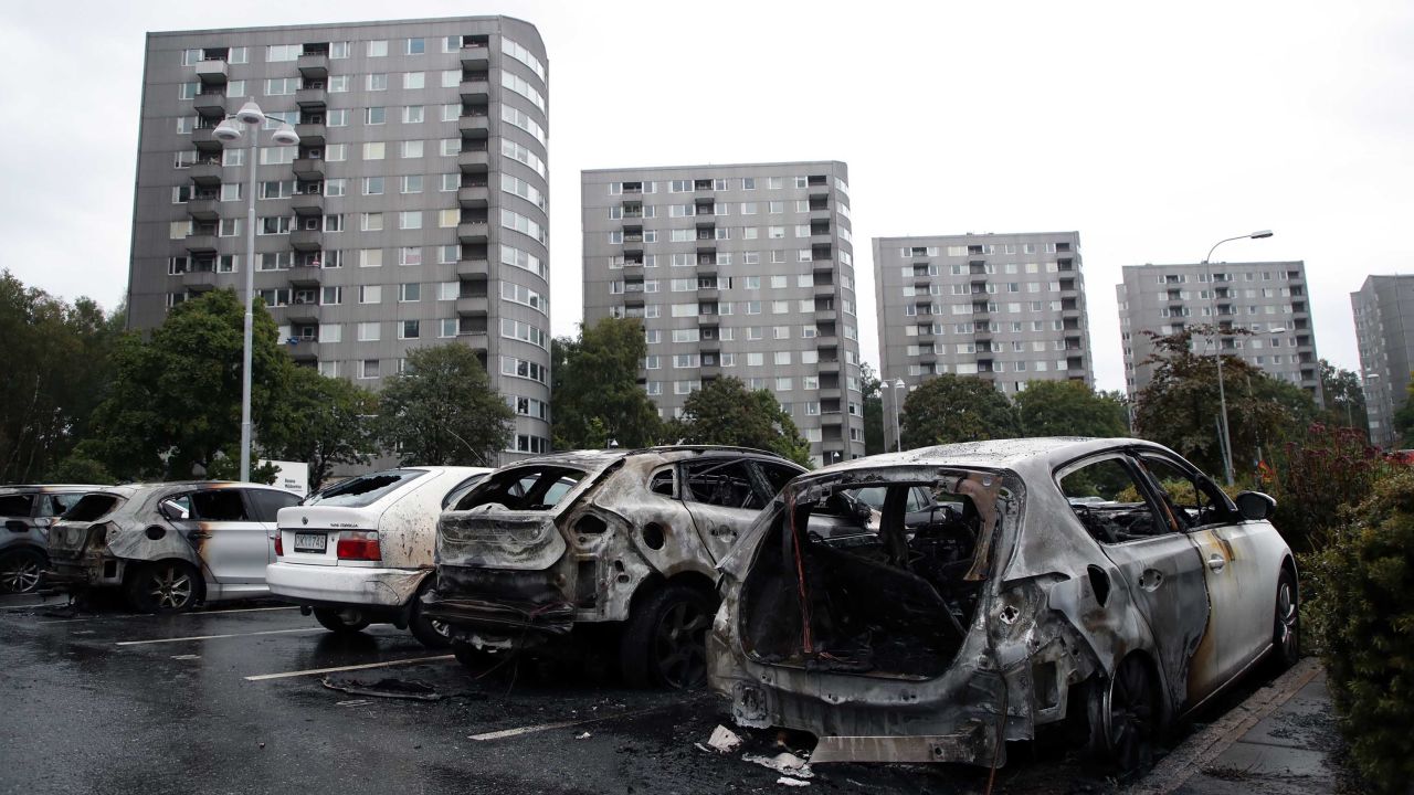 About 80 cars in the Frölunda section of Gothenburg, Sweden, were burned on Monday night. 