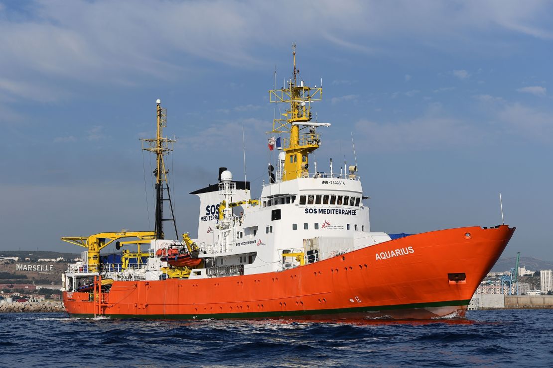 The rescue ship Aquarius leaving a French harbor on August 1, after having been docked for a month for maintenance work.