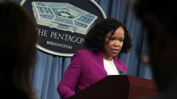 Pentagon Chief Spokesperson Dana W. White speaks during a news briefing at the Pentagon April 14, 2018 in Arlington, Virginia. 