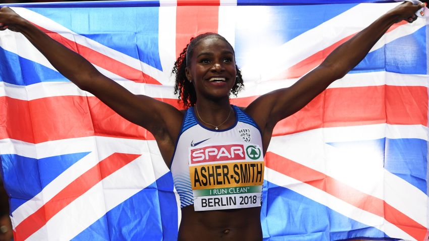BERLIN, GERMANY - AUGUST 11:  Dina Asher-Smith of Great Britain celebrates winning gold in the Women's 200 metres final during day five of the 24th European Athletics Championships at Olympiastadion on August 11, 2018 in Berlin, Germany. This event forms part of the first multi-sport European Championships.  (Photo by Matthias Hangst/Getty Images)