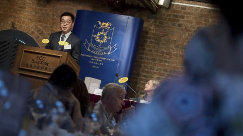 Andy Chan, founder of the Hong Kong National Party, speaks during a luncheon at the Foreign Correspondents Club on August 14, 2018.