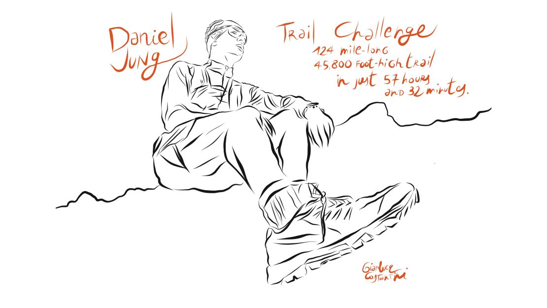 A sketch of Jung, who set a new speed record for the Tyrolean High Altitude Trail. 