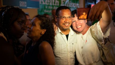 Rep. Keith Ellison poses for a selfie with Jennifer Lindquist after winning the Democratic nomination for Attorney General.