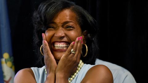Jahana Hayes reacts after winning the Democratic primary for Connecticut's 5th Congressional District.