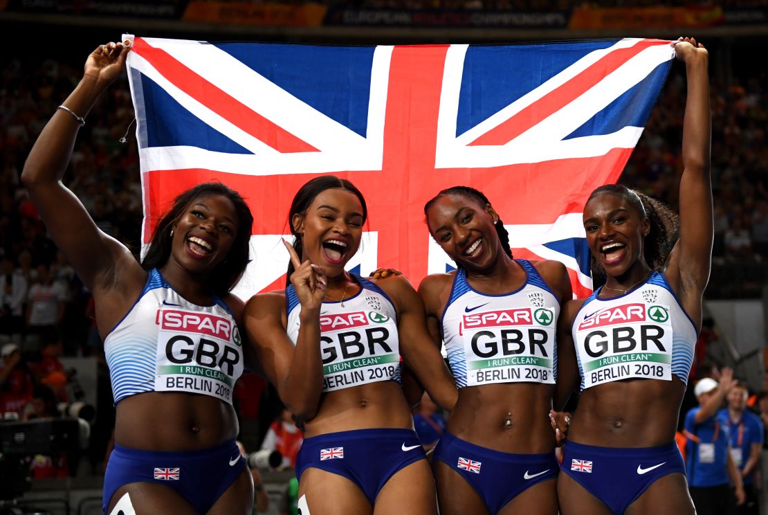 Team GB's Asha Philip, Imani Lansiquot, Bianca Williams and Dina Asher-Smith celebrate 4x100m gold in Berlin.