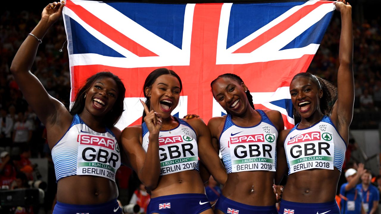 Team GB's Asha Philip, Imani Lansiquot, Bianca Williams and Dina Asher-Smith celebrate 4x100m gold in Berlin.