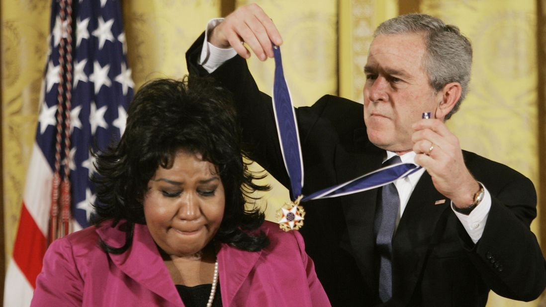 President Bush presents the Presidential Medal of Freedom to Aretha Franklin on November 9, 2005. The award is the nation's highest civilian honor, and recognizes exceptional meritorious service.