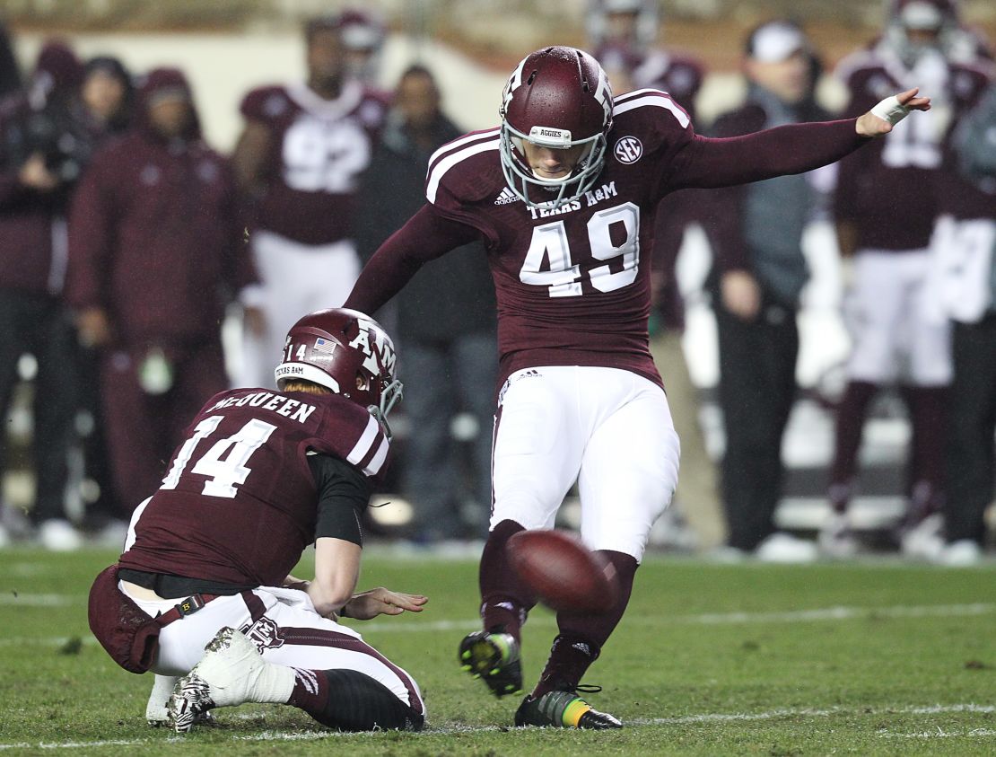 After breaking his jaw at FC Dallas, Lambo (#49) turned to American football and landed a spot as a placekicker with the Texas A&M Aggies.