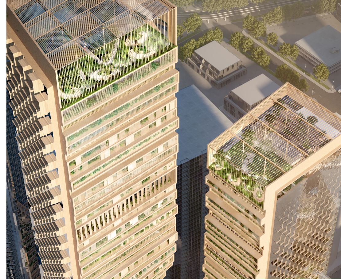 The design features publicly accessible spaces, including elevated gardens.