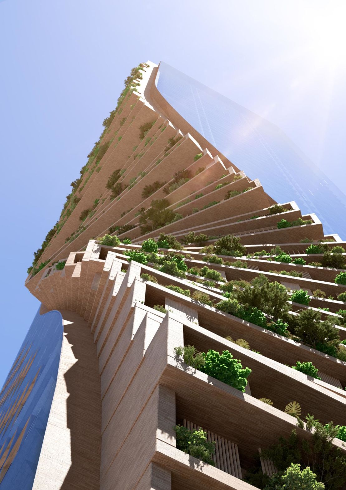 The tower's design features a twisting "spine" of balconies, terraces and gardens filled with trees and foliage.
