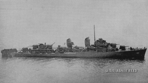 An edited photo of the ship from April 1943. Wartime censors took out radar antennas and a turret that was part of the firing system.