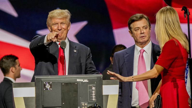 Then-Republican nominee Trump, his daughter Ivanka Trump and Manafort share the stage at the Republican National Convention on July 21, 2016, in Cleveland.