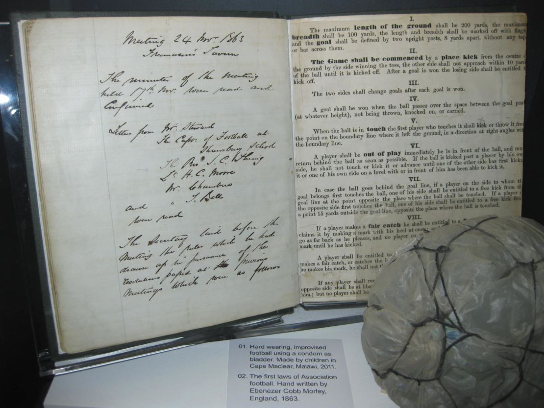 The original Laws of the Game, hand-written by Ebenezer Cobb Morley, on display at the National Football Museum in Manchester, England.