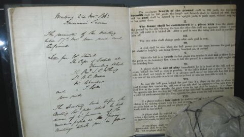 The original Laws of the Game, hand-written by Ebenezer Cobb Morley, on display at the National Football Museum in Manchester, England.