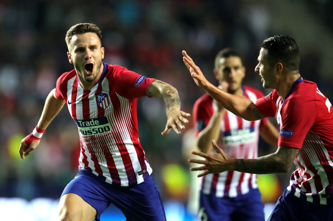 Saul Niguez of Atletico Madrid celebrates after scoring his side's third goal.