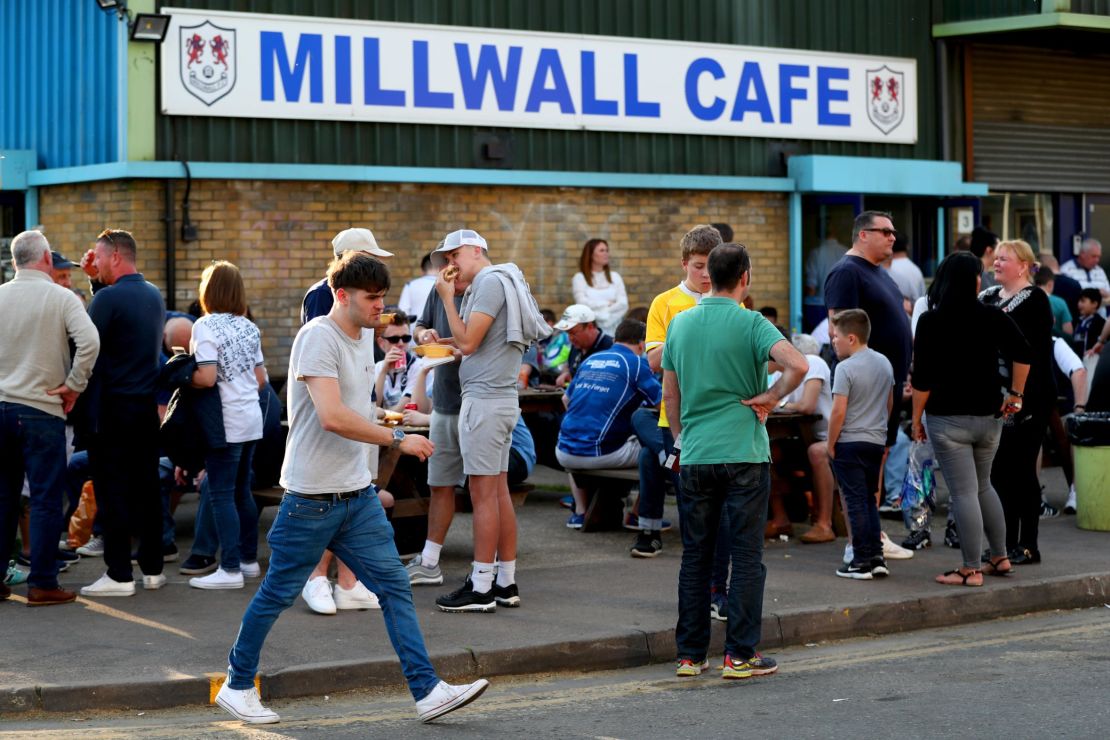 Millwall fans outside The Den before a Championship match.