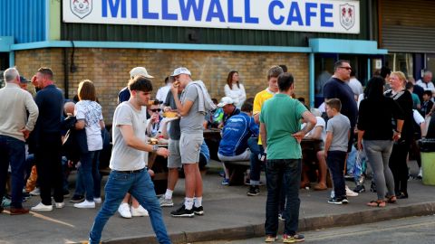 Millwall fans outside The Den before a Championship match.
