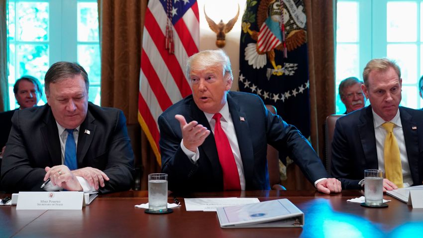 US President Donald Trump speaks as US Secretary of State Mike Pompeo (L) and US Deputy Secretary of Defense Patrick M. Shanahan look on during a cabinet meeting in the Cabinet Room of the White House on August 16, 2018 in Washington, DC. (Photo by Mandel NGAN / AFP)        (Photo credit should read MANDEL NGAN/AFP/Getty Images)