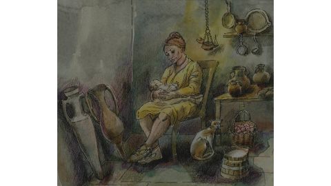 An illustration showing the living conditions of an ancient Roman mother and her infant.