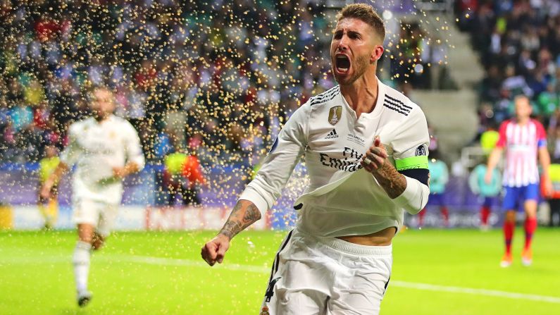 Sergio Ramos of Real Madrid celebrates after scoring his side's second goal during <a href="index.php?page=&url=https%3A%2F%2Fwww.cnn.com%2F2018%2F08%2F16%2Ffootball%2Freal-madrid-atletico-madrid-super-cup-spt-intl%2Findex.html" target="_blank">the Super Cup between Real Madrid and Atlético Madrid</a> on Wednesday, August 15, in Tallinn, Estonia. Real Madrid lost to Atlético Madrid 4-2.