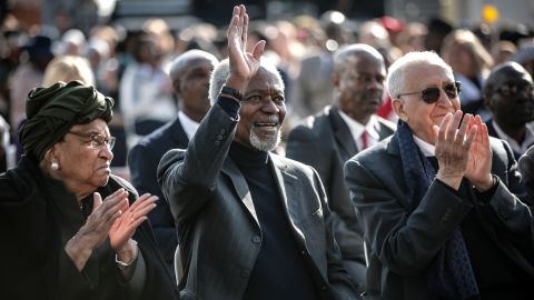 Liberian politician Ellen Johnson Sirleaf, left, Kofi Annan and former Algerian UN politician Lakhdar Brahimi, right, attend an Elders event in South Africa on July 18.