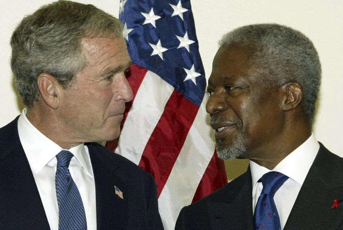 In this 2003 file photo, UN Secretary-General Kofi Annan greets US President George W Bush before the start of the 58th UN General Assembly.