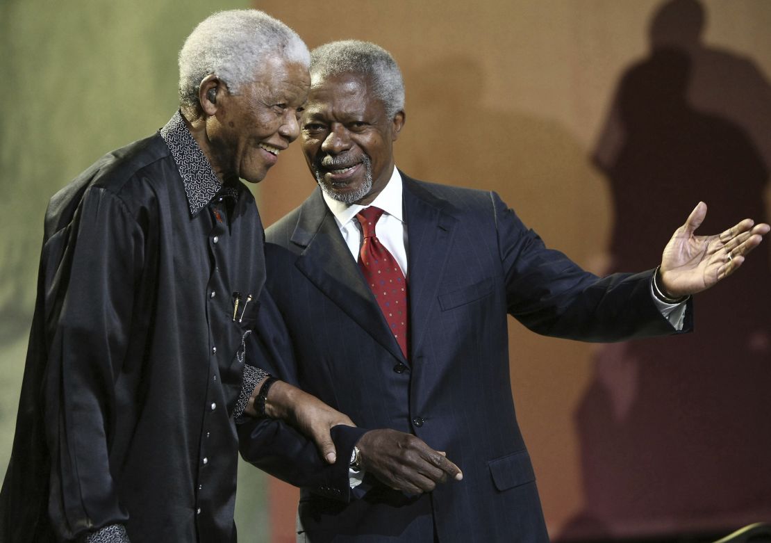 In this 2007 file photo, Nelson Mandela and Kofi Annan arrive together at the 5th Nelson Mandela Annual Lecture in South Africa.