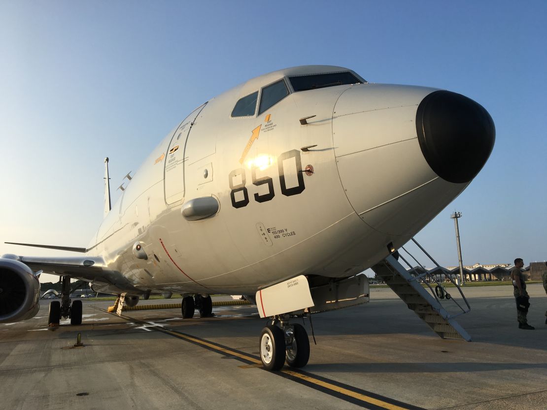 At Kadena Air Base in Okinawa, a US Navy P-8A Poseidon gets ready for a mission over the South China Sea on Aug. 10, 2018