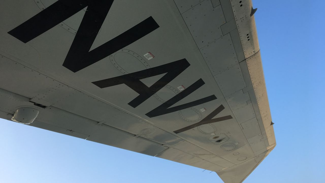 The wing of a US Navy P-8A Poseidon. 